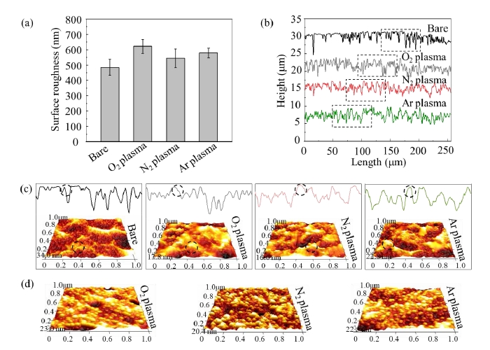 圖3 單一等離子體活化前后鎂合金表面的粗糙度和微觀結構 
