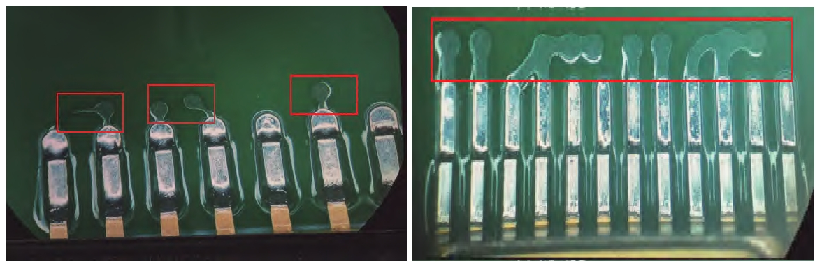 圖1 三防漆在PCBA上的拒潤濕缺陷